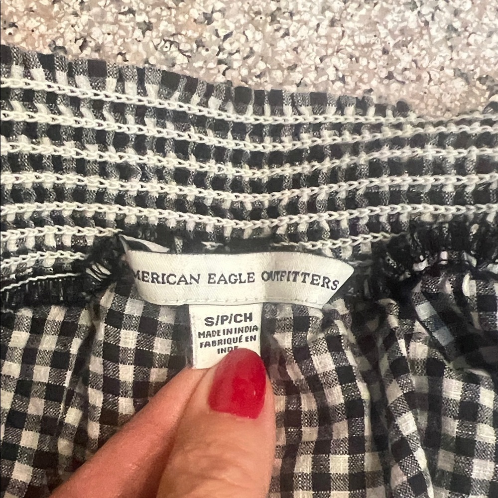 American Eagle Outfitters Black and White Gingham Off-Shoulder Blouse - Picture 2 of 3